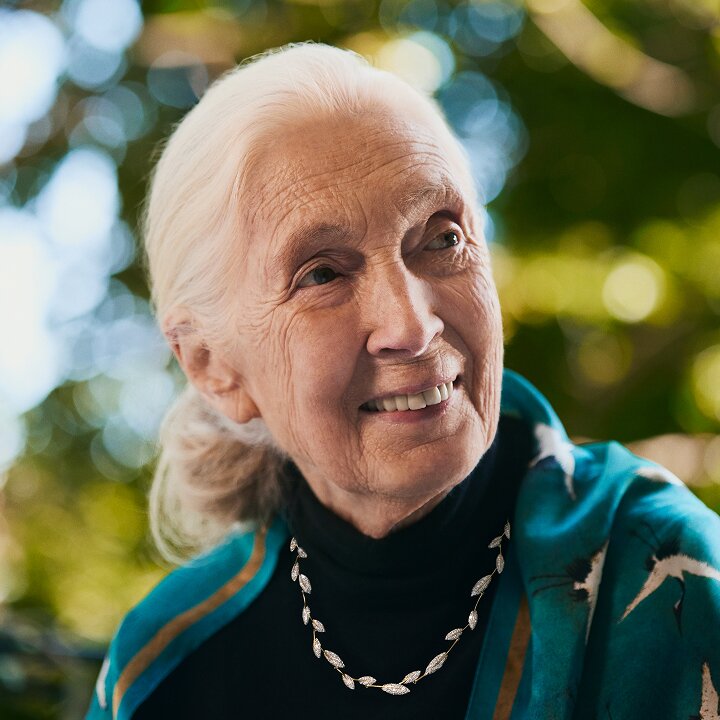 Jane Goodall wearing a Brilliant Earth pendant
