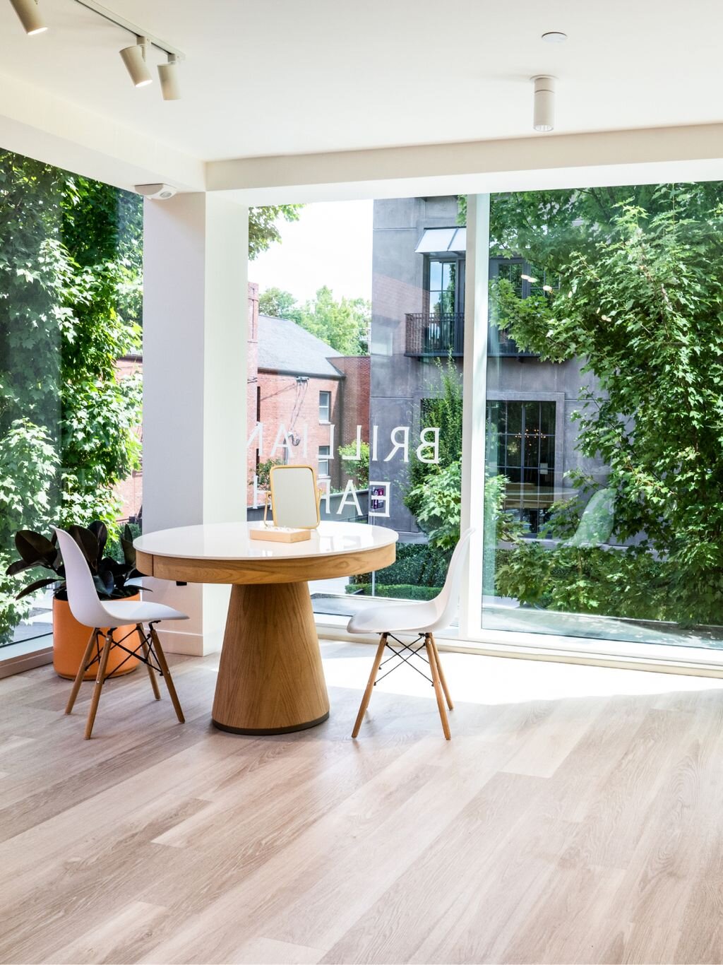 Bright Brilliant Earth retail showroom interior with wooden furniture and large windows with greenery outside