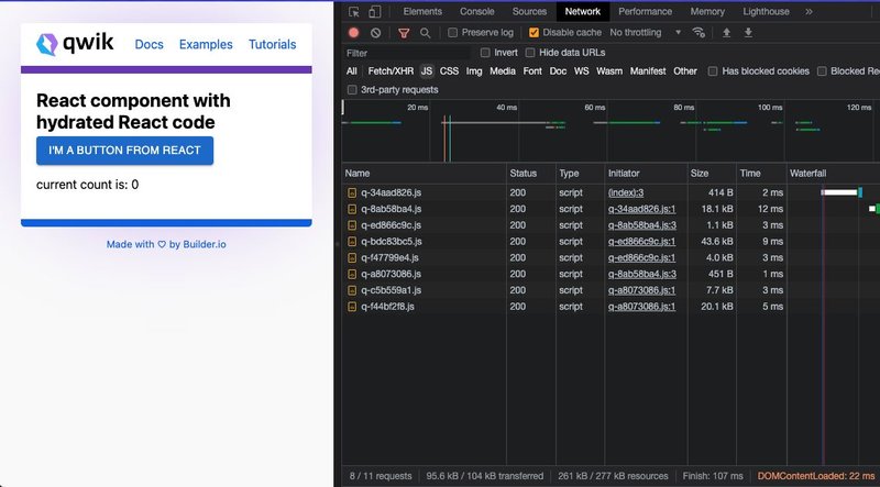 A screenshot of a Qwik app with a hydrated React component and the devtools network pane on the right side.