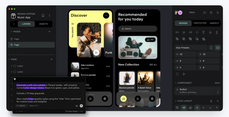The Agent Native Design interface showing a music app design in progress, with a text prompt box in the bottom left corner requesting specific color palette, design token, and typography style generation.