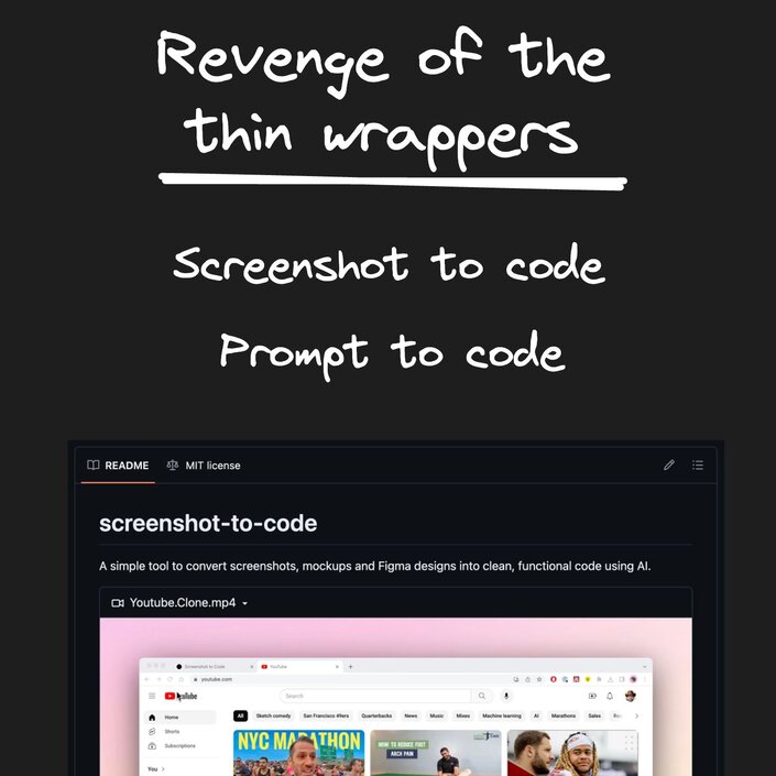 He reads revenge of the thin wrappers with a line underneath it. Then there is the phrase screenshot to code prompt to code. Then there is a screenshot from GitHub of a read me of screenshot to code.