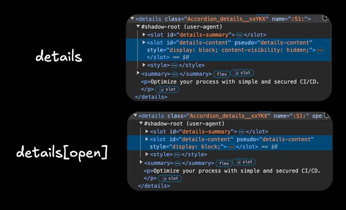 A comparison between closed and open details elements, showing that the closed details has a "content-visibility" of "hidden".