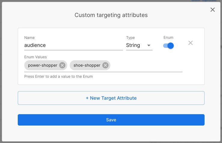 Screenshot of custom targeting attributes dialogue with an attribute called audience, of type string, with two enum values: power-shopper and shoe-shopper.