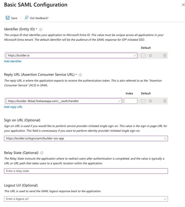 Screenshot of Basic SAML Configuration dialogue in Entra.