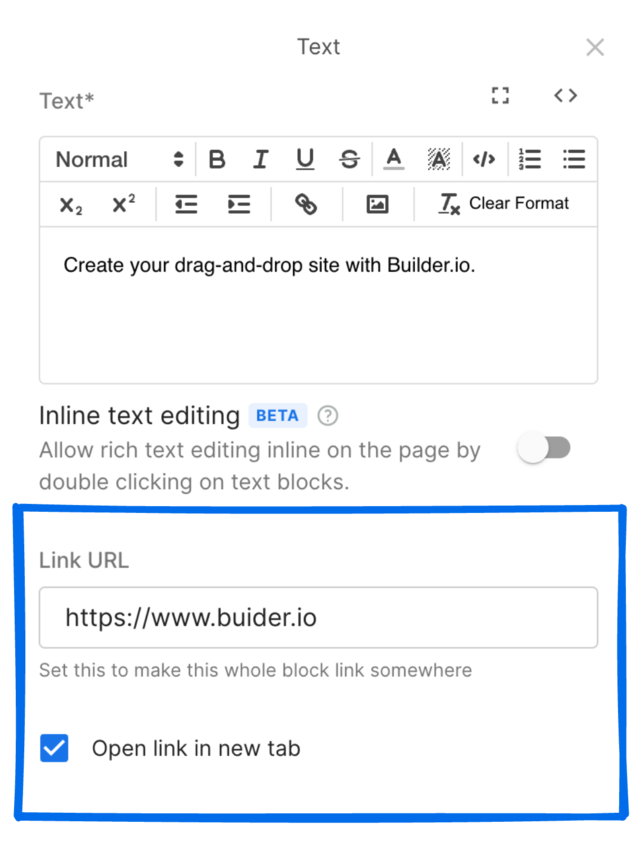 Screenshot of the Link URL field with the desired link and Open link in new tab checkbox checked.
