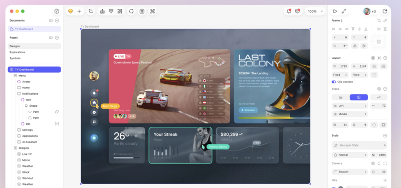 The Agent Native Design interface showing a TV dashboard prototype with live racing scores, weather, and calendar widgets, presented within a browser-based design workspace with sidebar property panels and layer organization tools.
