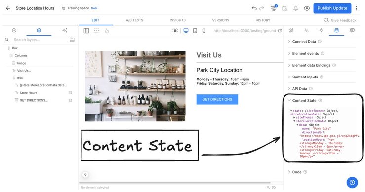 Visual Editor with the Content State panel open, displaying a JavaScript object representing all data within the current content entry.
