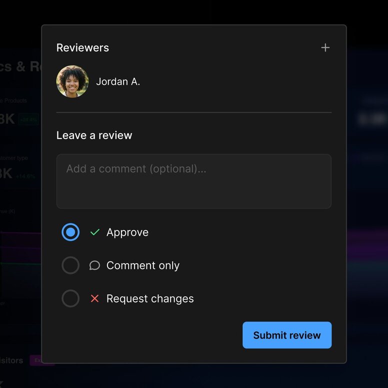 The Builder review panel where you can request a review from either a person or a team.