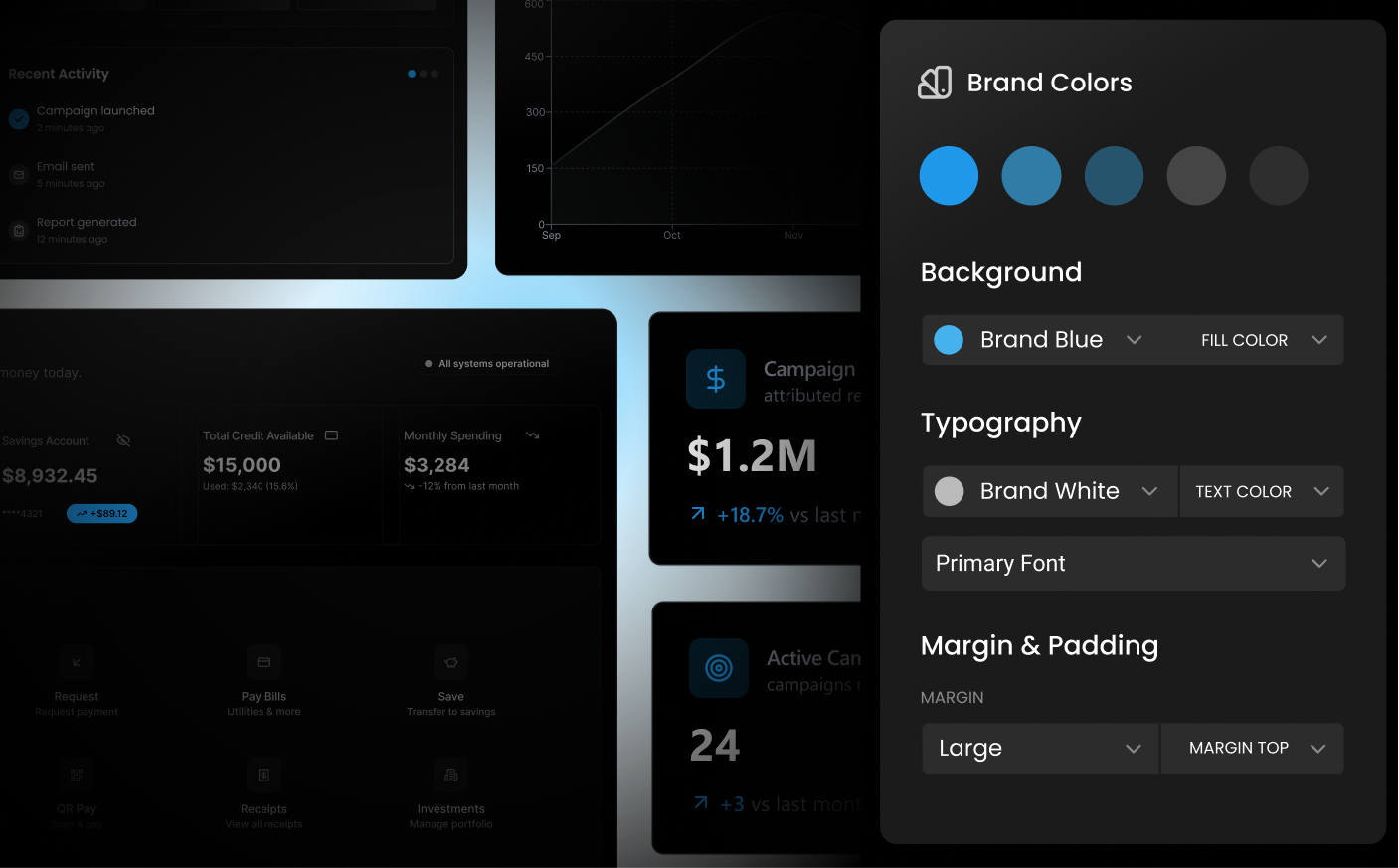Abstract image showing several screens of a web application, including an overlay that shows brand colors for the app.