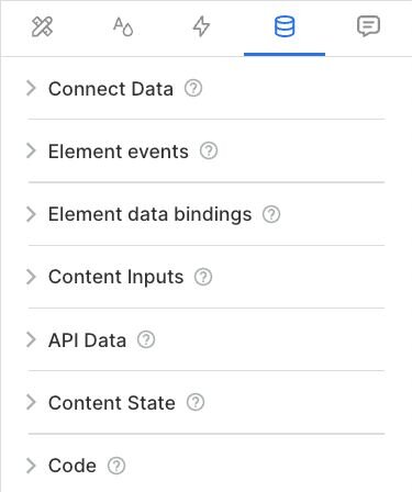 Visual editor data tab which shows several options: Connect data, element events, element, data, bindings, content, inputs, API data, content, state, and code.