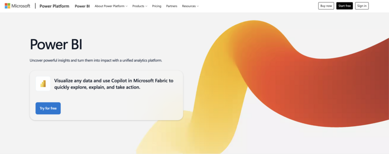 Microsoft Power BI landing page featuring the headline "Power BI" and a call-to-action button to "Try for free" overlaid on a large, abstract orange and yellow wave graphic.