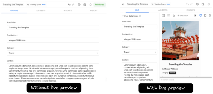 Comparison of a view using live preview to edit data models vs a view that does not user live preview.