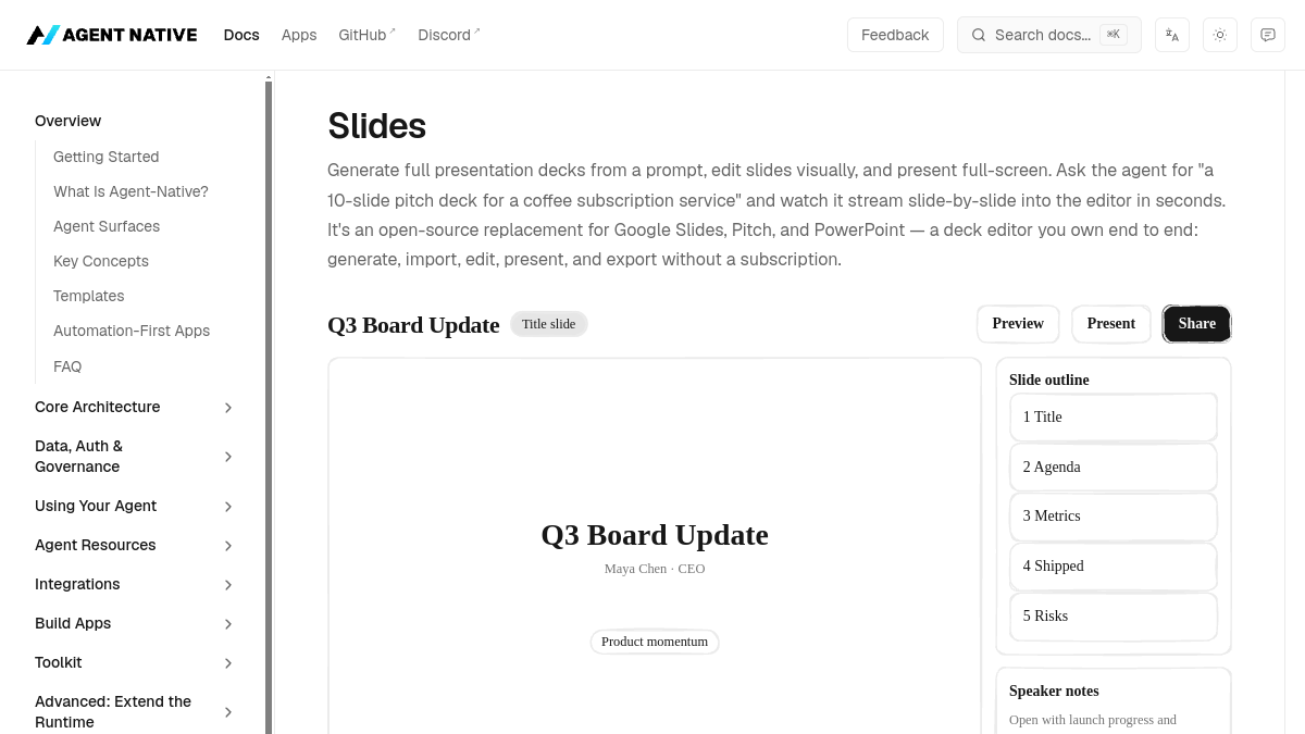 Agent Native Slides showing a Q3 Board Update deck, outline, and speaker notes