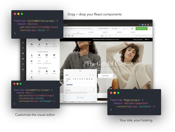 Image of Visual Editor and code snippets pointing to several features as indicators that those parts of the visual editor are customized in the developer's codebase.