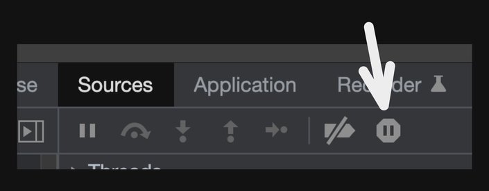 Screenshot of chrome devtools pointing to the button to pause on exceptions