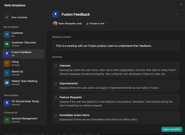 A custom template for customer feedback, breaking down the use case, desired improvements and features, and immediate action items