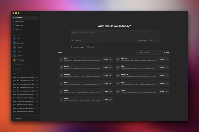 The Agent-Native dashboard interface featuring a central search bar for applications and a sidebar listing integrated tools like Mail, Calendar, Design, and Analytics, with a list of recent chat activity on the left.