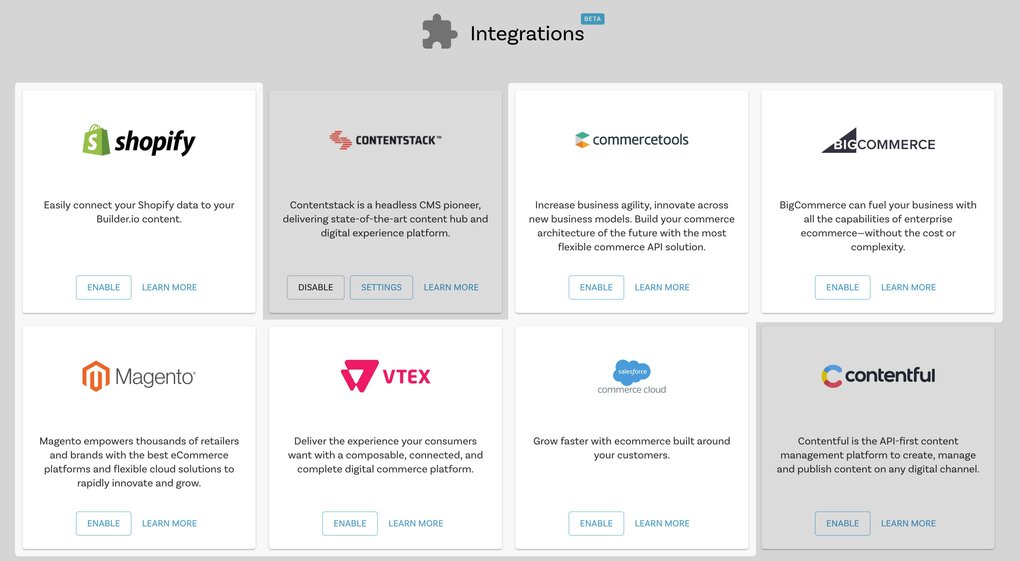 A screenshot of the Integrations page with a few supported e-commerce platforms highlighted.