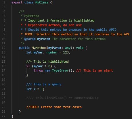 A code editor screenshot using Better Comments extension showing color-coded annotations like TODO, FIX, and NOTE with highlighted text in yellow, red, and green.