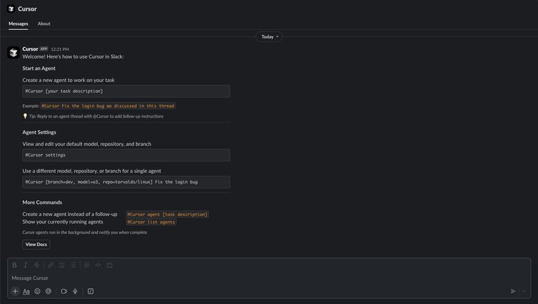 Slack app window showing setup instructions for using Cursor with example commands.