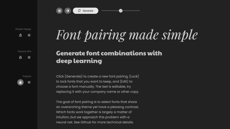 Fontjoy interface showing AI-generated font pairings with sample text