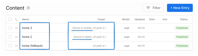 3 pages listed in Builder Content. In order, they are: Home 3, targeting mobile. Home 2 targeting tablet. And the last, Home (fallback) has no targeting. The URL for all of them is the same, a slash.