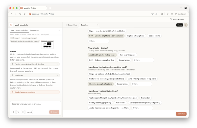 Claude Design interface showing a browser window with a blog layout redesign project, featuring a workspace with configuration questions, layout options, and project settings.