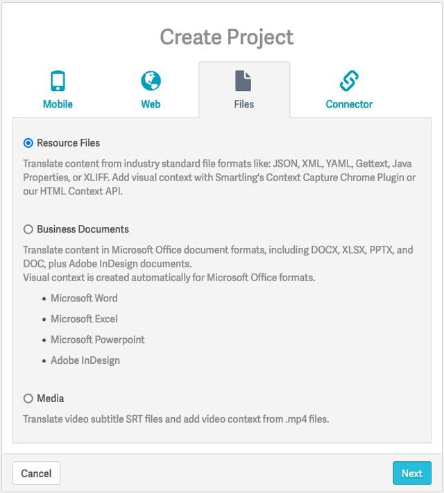 Image of Smartling Create Project dialogue that lists resource file formats.