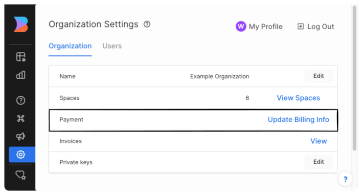 Screenshot of Organization Account Settings with the Payment area encircled with an arrow pointing at "Updated Billing Info".