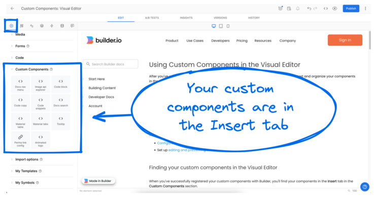 Screenshot of the Insert tab with the custom components section expanded to show all the custom components Builder developers have registered.
