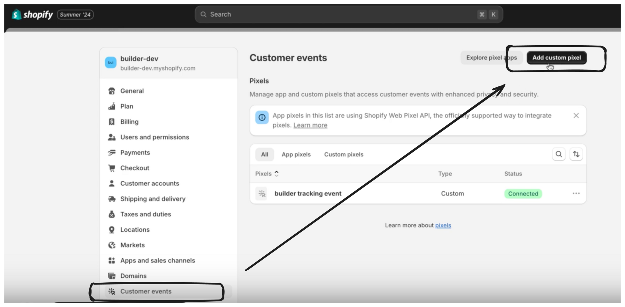 Screenshot of Shopify Admin screen that circles Customer events in the left side navigation with an arrow to the Add custom pixel button at the upper right of the UI. 