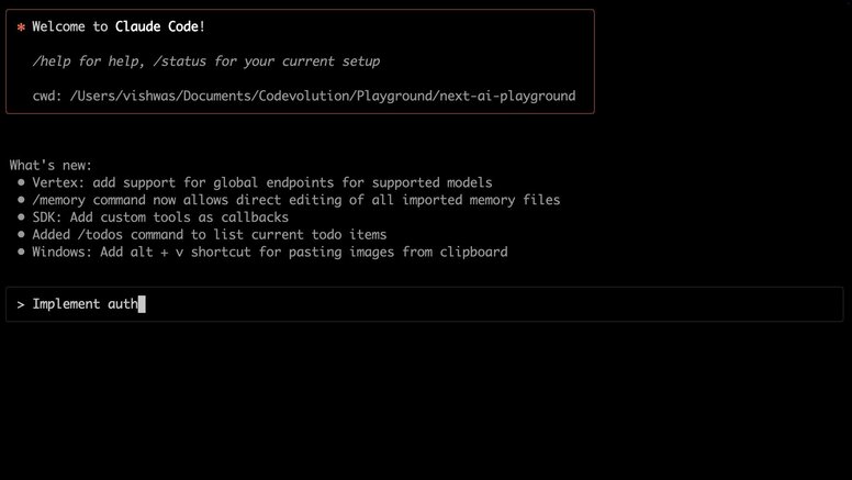 Terminal output welcoming user to Claude Code with list of new features and a command prompt.