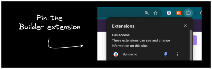 Screenshot of the Extensions panel in Chrome with the Builder.io extension pinned and a note that says "Pin the Builder extension".