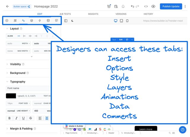 Screenshot of the Visual Editor with seven tabs of Insert, Options, Style, Layers Animations, Data, and comments available. The caption reads, "Designers can access the Options, Style, Layers Animations, Data, and comments tabs."