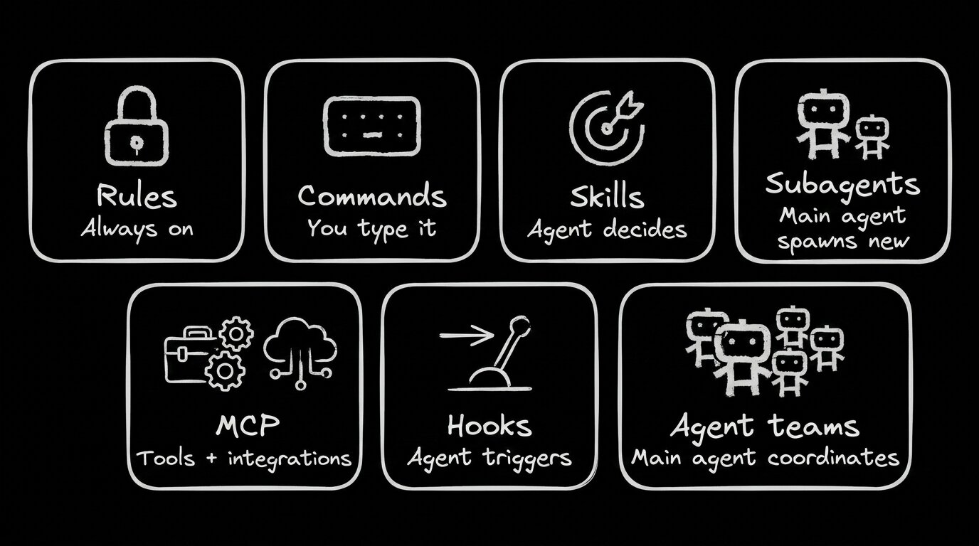 Diagram showing seven Claude Code concepts in labeled boxes: Rules (Always on), Commands (You type it), Skills (Agent decides), Subagents (Main agent spawns new), MCP (Tools + integrations), Hooks (Agent triggers), and Agent teams (Main agent coordinates).