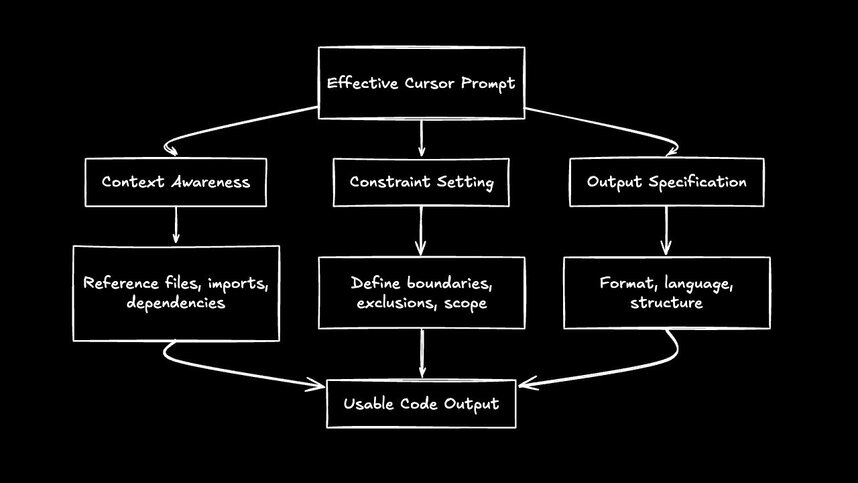 Diagram showing an effective Cursor prompt branching into context awareness, constraint setting, and output specification, which together lead to usable, high-quality code output.