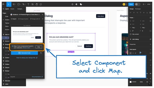 Image of the Builder Figma Plugin with the map button pointed out.