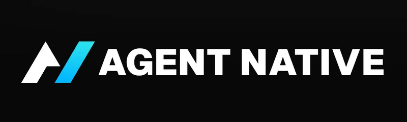 Agent-Native logo featuring a stylized white and blue arrow icon next to the text "AGENT NATIVE" in a bold, white, sans-serif font on a black background.