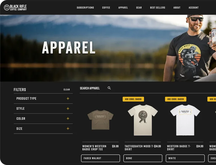 Black Rifle Coffee Company apparel page with product filters and t-shirt listings