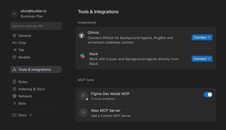 Cursor's settings after installation, showing the "Figma Dev Mode MCP" now listed under "MCP Tools." A green dot and the text "4 tools enabled" indicate the connection is active.