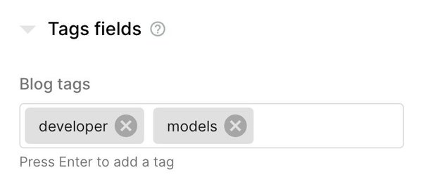 Tags section where a user can add tags. The example tags in image are developer and models.