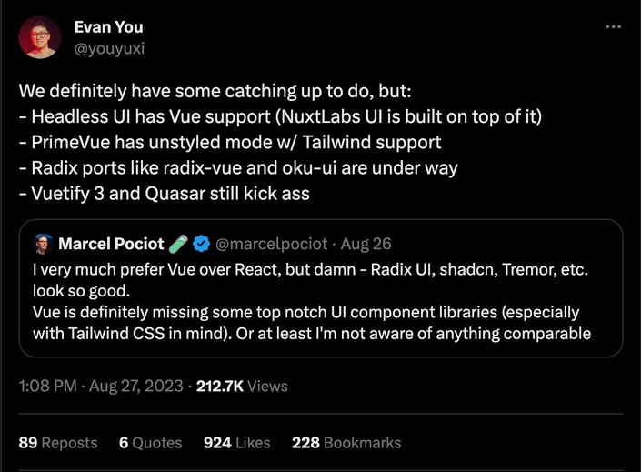 A screenshot of a post by Evan You about Vue component libraries from X.