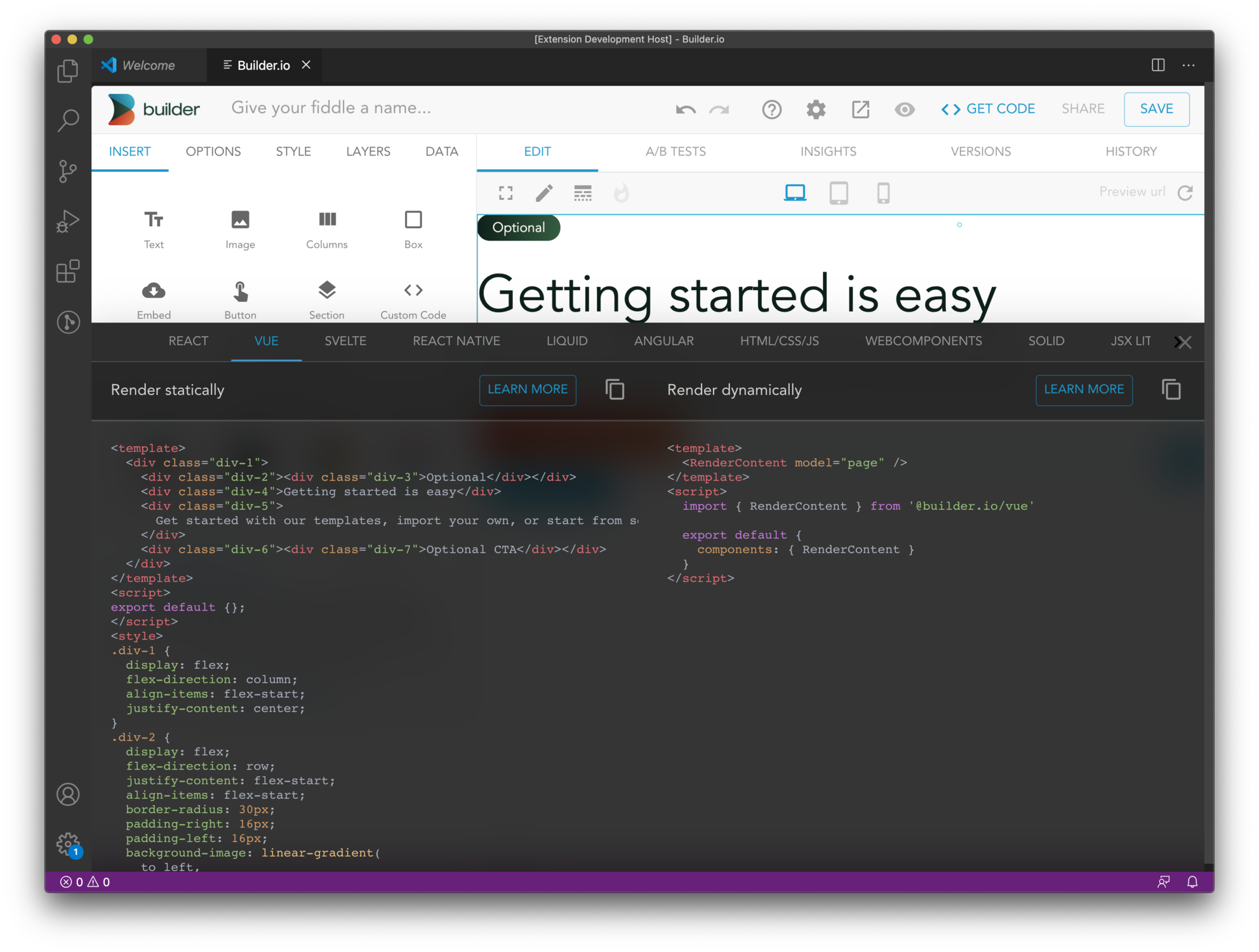 Screenshot of grabbing code from Builder.io in VSCode