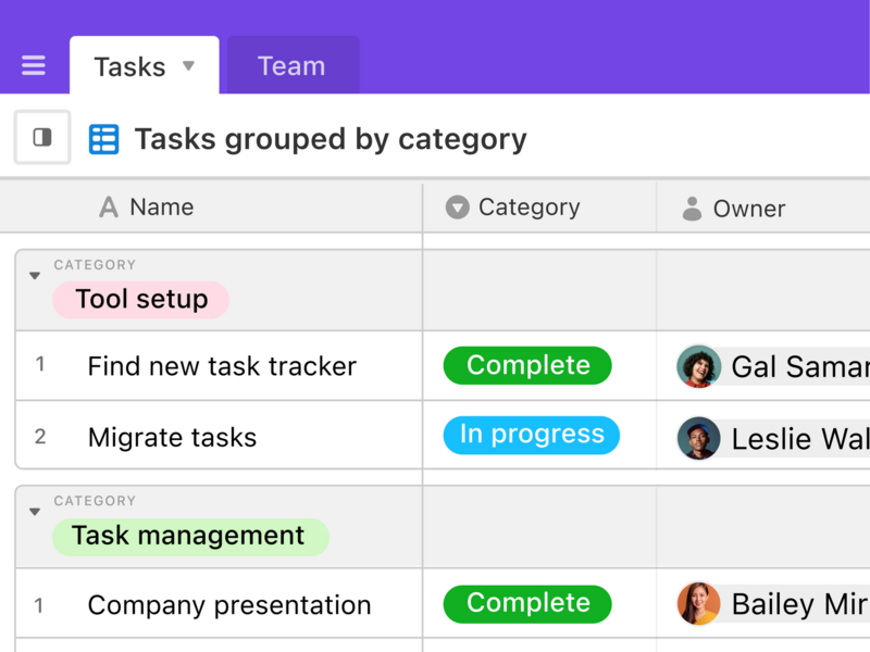 Airtable grid view grouping tasks by category