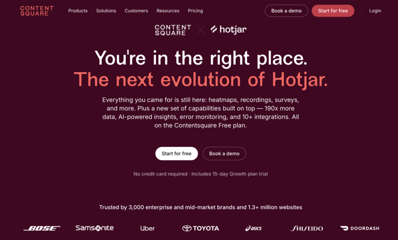 Contentsquare brand page announcing its acquisition of Hotjar, featuring a maroon background with both company logos, text about the platform's evolution, and a row of brand logos including Bose, Samsonite, Uber, Toyota, Asics, Shiseido, and DoorDash.