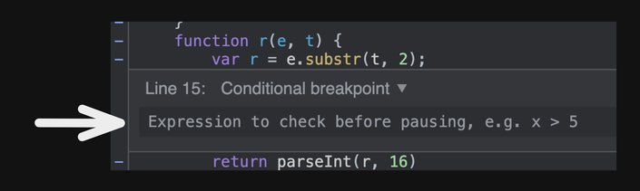 Screenshot of chrome devtools pointing to the conditional breakpoint input