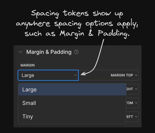 Picture of Margin and Padding section with the Spacing settings showing up in the Visual Editor. The note says "Spacing tokens show up anywhere spacing options apply, such as Margin & Padding." Under margin, there is a select with the options of large, small and tiny, as specified in the code.