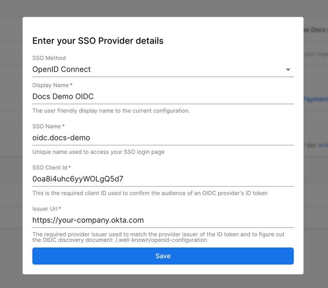 Screenshot of the configuration settings for SSO in the Organization Account Settings.
