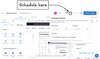 Screenshot of the Visual Editor with an arrow pointing to Scheduling icon in the upper right of the Visual Editor. The Schedule Entry dialogue is open with dates being selected. Upon scheduling, the Publish button has a parenthetical added to it that says "Scheduled".