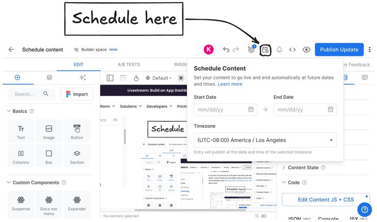 Screenshot of the Visual Editor with an arrow pointing to Scheduling icon in the upper right of the Visual Editor. The Schedule Entry dialogue is open with dates being selected. Upon scheduling, the Publish button has a parenthetical added to it that says "Scheduled".